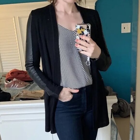 Michael Stars‎ Leather Sleeve Zipper Pocket Cardigan Sweater Shacket Size Medium - Picture 1 of 12